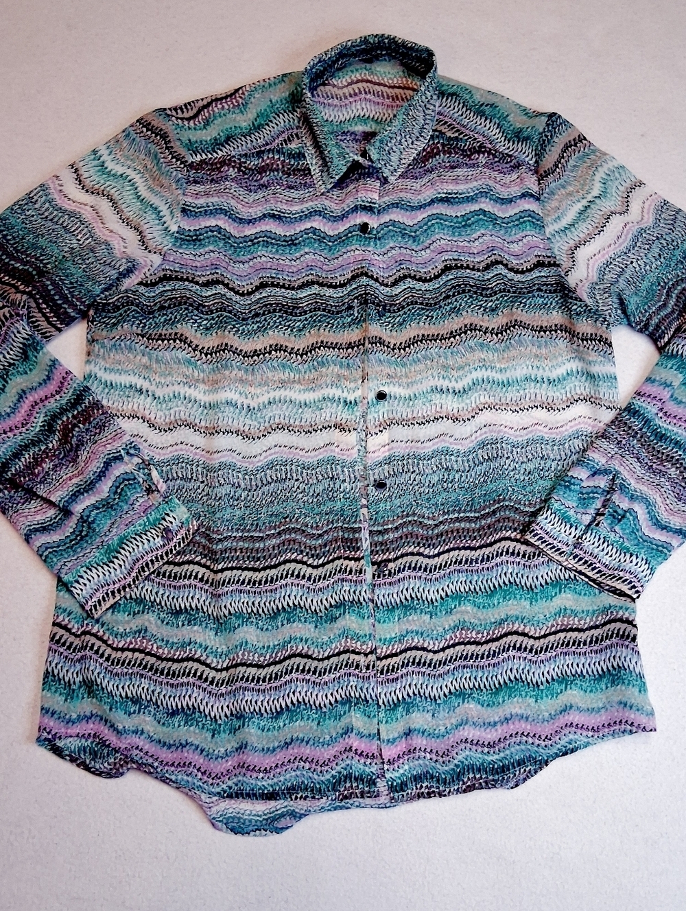 Women’s Multi-Stripe Wave Knit Button-Down Sheer Shirt - Teal & Purple